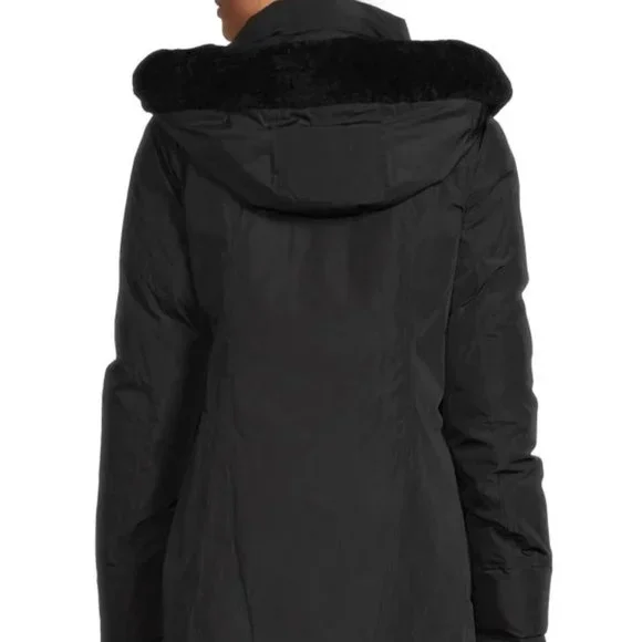 NB Series Nicole Benisti CLAREMONT Shearling Trim Down Parka Coat Black LRG NWT